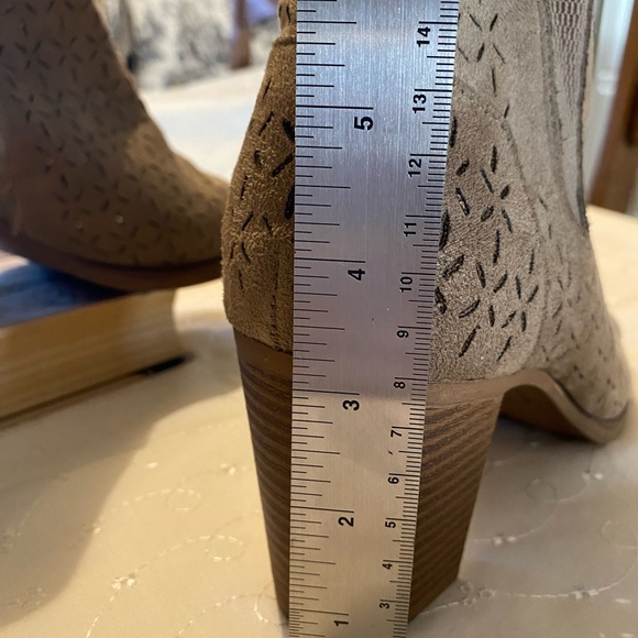 Taupe Suede Ankle Booties Block Heeled Open Toe Boots - Picture 5 of 7